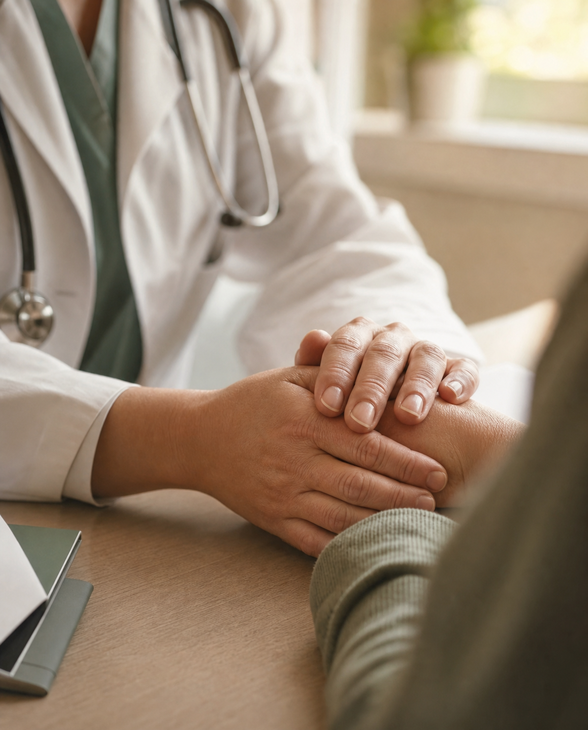 Mãos de médico e paciente em momento de acolhimento durante consulta